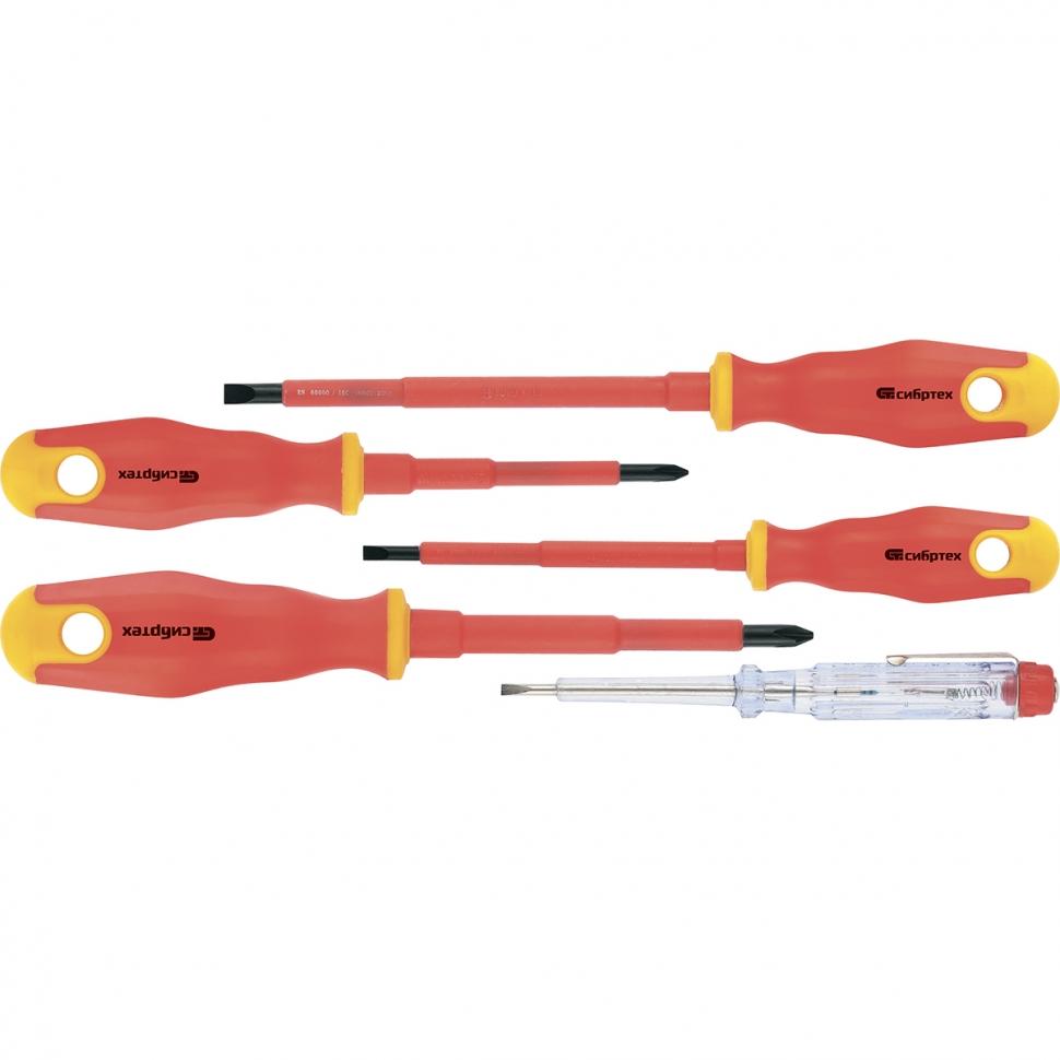 Набор отверток диэлектрических до 1000В, тестер, CrV, 5 предметов  Сибртех 12937